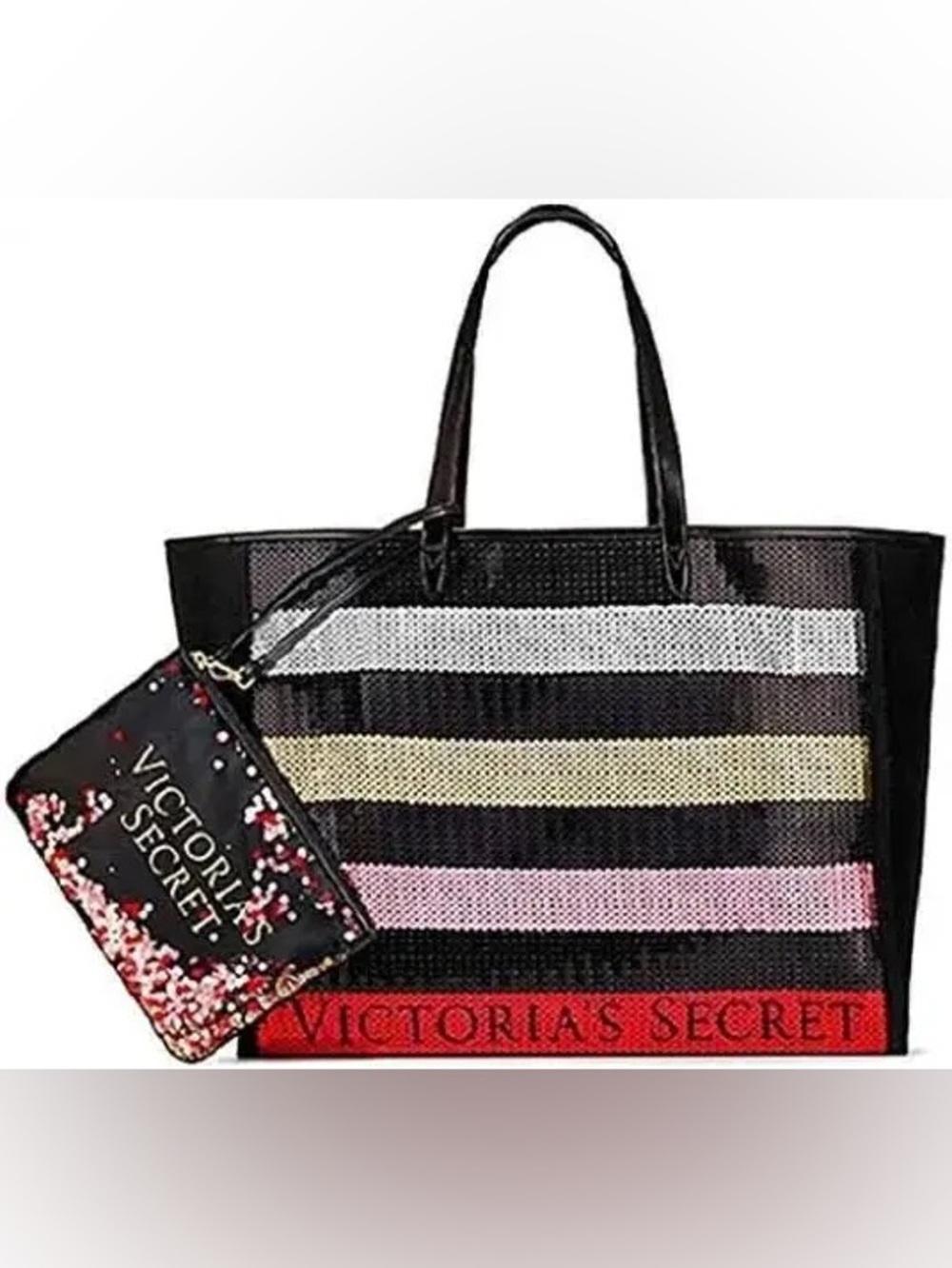 Victoria`s Secret Bling Stripe Sequin Carryall Tote With Mini Bag Set